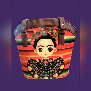 FRIDA KAHLO TOTE/SHOULDER BAG FAUX LEATHER WITH A RAINBOW STRIPED PRINT